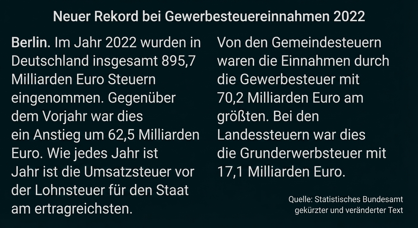 Tabelle: Gewerbesteuereinnahmen 2022, kurzer Text zu Steuereinnahmen in Deutschland.